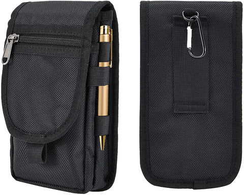 Rugged Phone Holster Belt Pouch For Large Smartphones, MOLLE Carry Case With Belt Clip, front and back view showing pockets.