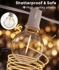 Close-up of 50Ft LED Outdoor String Lights with 52 Dimmable Shatterproof G40 Plastic Bulbs, highlighting shatterproof design