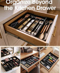 Expandable Silverware Drawer Organizer For Kitchen Storage And Organization Adjustable Utensil Tray For Forks Knives And Flatware Multipurpose Drawer Solution For Dishes Cosmetics Jewelry And More Grab And Go Space Saving Black Medium in kitchen drawer with utensils and tools