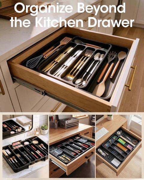 Expandable Silverware Drawer Organizer For Kitchen Storage And Organization Adjustable Utensil Tray For Forks Knives And Flatware Multipurpose Drawer Solution For Dishes Cosmetics Jewelry And More Grab And Go Space Saving Black Medium in kitchen drawer with utensils and tools