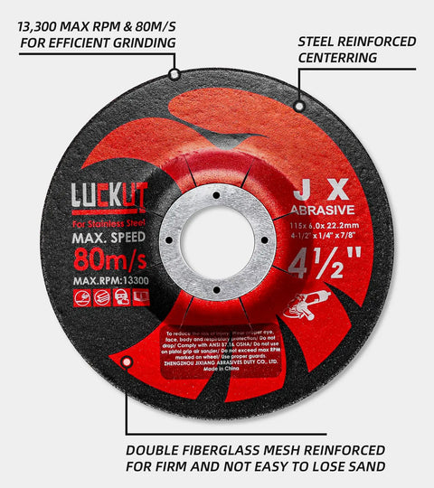 Close-up of grinding wheel showing branding and specifications, part of a Twenty Five Pack Of Four And A Half Inch Grinding Wheels For Angle Grinders Built Tough For Fast Metal Grinding Rust Removal Deburring And Cleaning With Seven Eighths Inch Arbor.
