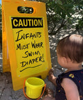 Blank Caution Folding Floor Sign 25 By 12 Inches Double Sided Dry Erase Plastic Sign With Built In Handle Write On Surface Grab And Go Portable Durable Great For Temporary Hazards And Safety Messages. yellow caution floor sign with infant swim diaper message