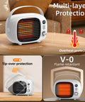 Two Speed Portable Space Heater with Adjustable Settings, 800W Desk Heater for indoor use, showing overheat and tip-over protection