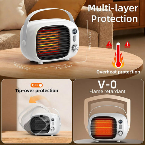 Two Speed Portable Space Heater with Adjustable Settings, 800W Desk Heater for indoor use, showing overheat and tip-over protection