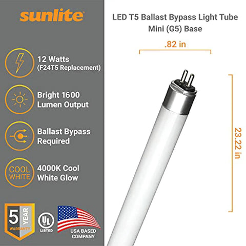 LED T5 Ballast Bypass Light Tube Type B 2 Ft 12W F24T5 Replacement 1600 Lumens Mini G5 Base Dual End Connection Shatterproof UL Listed 4000K Cool White 10 Pack