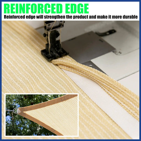 Close-up of reinforced edge sewing on Gray Right Triangle Sun Shade Sail 14 X 14 X 19.8 Ft UPF50 UV Blocking Water Air Permeable Heavy Duty Carport Patio Outdoor Canopy Fabric Screen Custom Size Available.