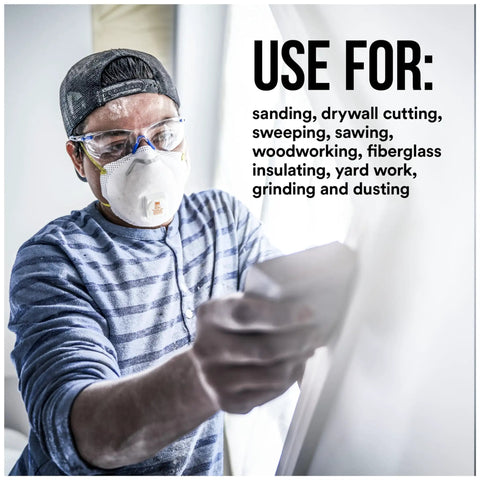 Person wearing All In One N95 Respirator For Sanding Drywall Painting And Woodworking With Exhalation Valve Directing Air Downward