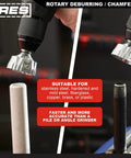 External Rotary Deburring And Chamfer Tool Pro Grade in use on various pipes and bolts, showcasing tool versatility and uses.