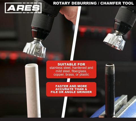 External Rotary Deburring And Chamfer Tool Pro Grade in use on various pipes and bolts, showcasing tool versatility and uses.