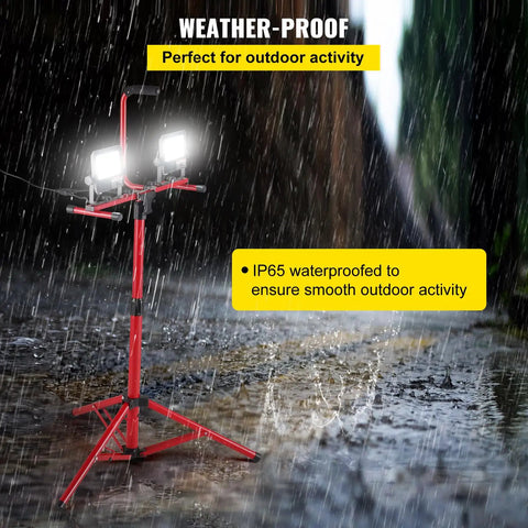 Daylight Bright Dual Head LED Work Light With Adjustable Foldable Tripod Stand 5000 Lumen 5000K IP65 Waterproof in rain