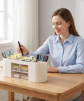 Woman using All In One Desk Organizer With Drawers For Office Supplies Storage White Keep Pens Pencils Scissors Sticky Notes Rulers And Glasses Neat
