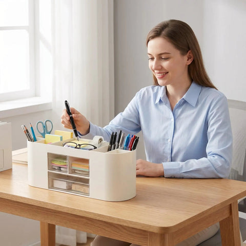 Woman using All In One Desk Organizer With Drawers For Office Supplies Storage White Keep Pens Pencils Scissors Sticky Notes Rulers And Glasses Neat
