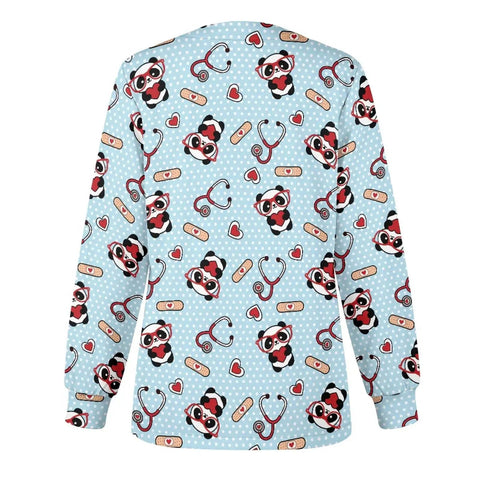 Back view of Moisture Wicking Scrub Jacket For Women With Pockets Snap Front Easy On Off Panda Print Perfect For Pet Care And Pediatrics