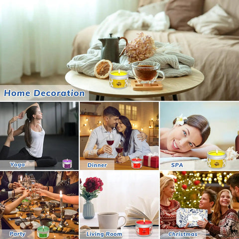 Beginner Friendly Candle Making Kit for Adults With Soy Wax 480g showing various uses like yoga, dinner, spa, party, living room, Christmas.
