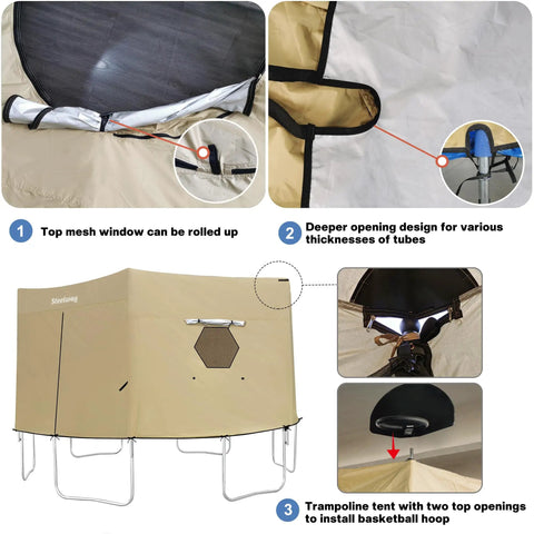 16 Foot Trampoline Tent Cover For Round Trampolines With 6 Straight Poles Or W Shape Legs, weatherproof with rolled mesh window
