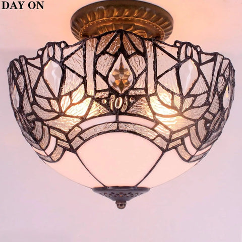 Crystal Bead Tiffany Style Glam Ceiling Light Fixture White Stained Glass Semi Flush Mount Lamp 12 Inch Wide 11 Inch High