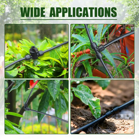 Garden setup with Forty Six Piece One Quarter Inch All In One Drip Irrigation Fitting Kit fitting hoses among plants