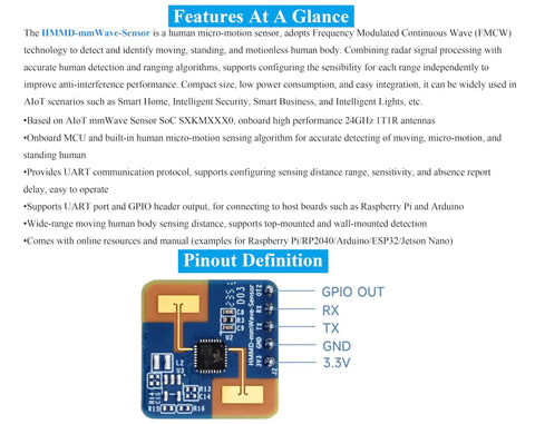 Image showing features and pinout of the 24GHz MmWave Human Motion Sensor With FMCW Radar For Real Time Body Detection module.