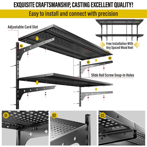 2-Pack Two-Tier Garage Shelving Wall Mounted, Heavy Duty 500 Lb Total Load, Adjustable Floating Shelves detailed view