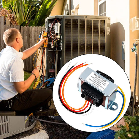 24V 40VA Multi-Tap Isolation Transformer For HVAC And Furnace Systems with foot mount, shown near technician installing it.