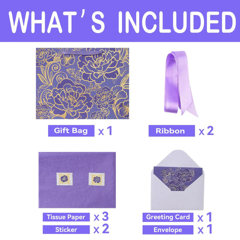 Extra Large 16.5 Inch Rose Purple Gift Bag Set With Greeting Card And Tissue Paper For Birthdays Mothers Day Weddings And Anniversaries With Gold Foil Accents And Delicate Rose Floral Design For A Boss Gift Experience contents displayed
