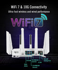 Rear view of Tri Band WiFi 7 AI Gaming Router with network ports and antennas, showcasing connectivity features.