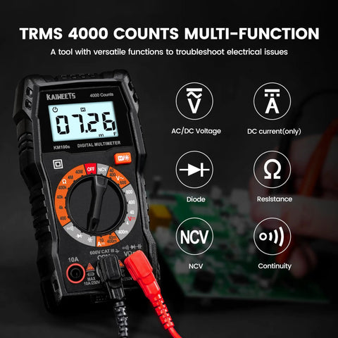 Pro Grade Digital Multimeter 4000 Counts for Home and Auto Use, Voltage Tester With ACDC Readings, Ohms, Continuity, Diode, Capacitance, NCV, Handy Battery Indicator, DIY Electrical Tool, handheld black plastic meter