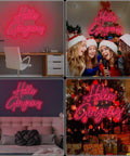 Four images of Hello Gorgeous Pink LED Neon Sign For Bedroom And Parties, Customizable Neon Light Decor, shown in various settings.