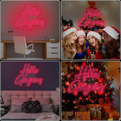 Four images of Hello Gorgeous Pink LED Neon Sign For Bedroom And Parties, Customizable Neon Light Decor, shown in various settings.
