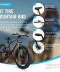 26 Inch Fat Tire Mountain Bike With 21 Speed Drivetrain, Dual Disc Brakes, Front Suspension Fork, 4 Inch Fat Tires