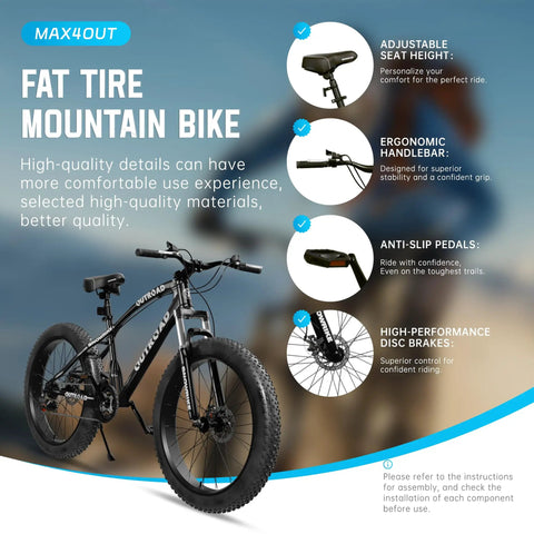 26 Inch Fat Tire Mountain Bike With 21 Speed Drivetrain, Dual Disc Brakes, Front Suspension Fork, 4 Inch Fat Tires