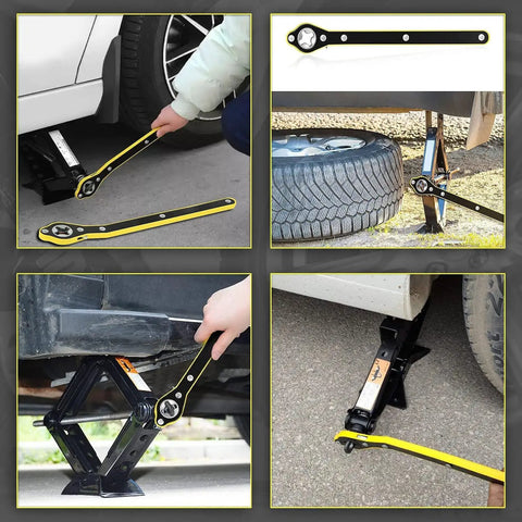 360 Degree Swivel Head Jack Ratchet Wrench With Forward And Reverse Knob, Labor Saving Hand Tool For Quick Tire Changes, Emergency Scissor Jack Adapter For Motorcycles Cars And SUVs, Road Trip Ready Not For Trucks in use for car tire change