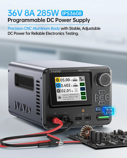 36V 8A Benchtop Power Supply With Ultra Low Ripple Under 10mV Aluminum Case USB A And Type C Ports Day Night Dual UI 4 Digit IPS Display PC Programmable 6 Preset Data For Precise Stable Power In Lab And DIY Projects on table with circuit board