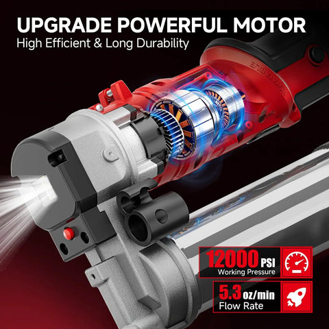 2 In 1 Cordless Electric Grease Gun Kit With 12,000 Psi, Dual Mode Pistol Or Straight, close-up of powerful motor with LED light
