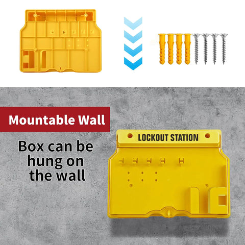 Lockout Tagout Station Kit With Lockable Cover For Wall Mount Storage Includes 5 Safety Padlocks 2 Hasps 20 Lockout Tags 20 Nylon Ties 1 Pen OSHA Compliant, shown with yellow wall-mount board and attachment hardware.