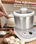 Heavy Duty Kitchen Game Changer Electric Dough Mixer With Auto Ferment Mode 7.4Qt Stainless Steel Bowl in use with dough and ingredients.