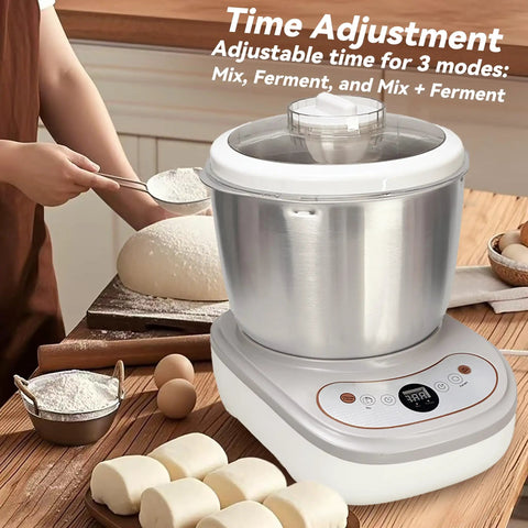 Heavy Duty Kitchen Game Changer Electric Dough Mixer With Auto Ferment Mode 7.4Qt Stainless Steel Bowl in use with dough and ingredients.