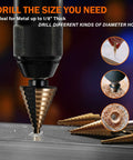 Six Piece Step Drill Bit Set With Automatic Center Punch Titanium HSS Coated Unibits Fifty Sizes For Metal And Aluminum