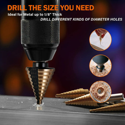 Six Piece Step Drill Bit Set With Automatic Center Punch Titanium HSS Coated Unibits Fifty Sizes For Metal And Aluminum