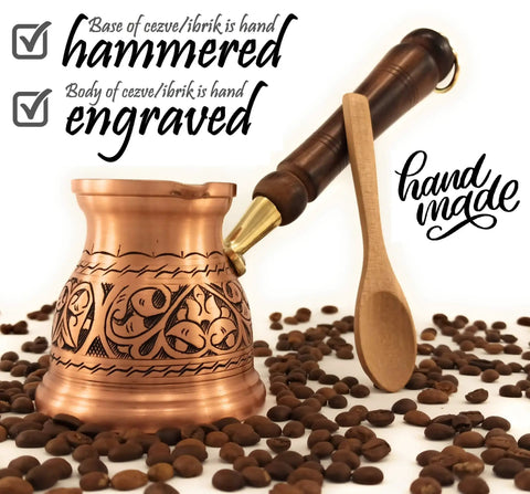 IST Series Thick Solid Copper Engraved Cezve For Stovetop Turkish Greek Arabic Coffee Pot with wooden handle and spoon