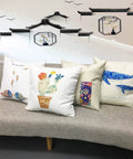4 Pack Sublimation Linen Pillow Covers 18x18 Inches, Invisible Zipper on a sofa with printed designs