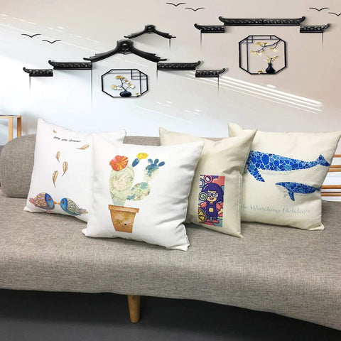 4 Pack Sublimation Linen Pillow Covers 18x18 Inches, Invisible Zipper on a sofa with printed designs