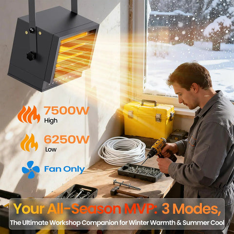 Heavy Duty 7500W Electric Garage Heater With Remote 240V Hardwired Shop Heater For 1250 Square Feet Three Heat Settings To Blast Through Frost And Keep Your Barn Or Shop Toasty Without Breaking A Sweat