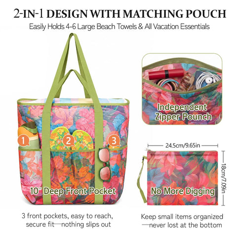 Detachable Pouch Mesh Beach Bag With Zip Pocket Quick Dry Sand Free Tote for Pool or Cruise showing 3 front pockets.