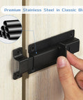 Premium Heavy Duty Stainless Steel Slide Lock Latch Featuring Dead Stop Barrel Bolt Design For Secure Outdoor Gate And Fencing Installation Rust Free Hardware Complete Mounting Kit Included For Zero Hassle Everyday Security, black latch in use on wood.