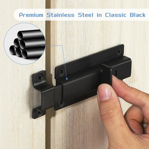 Premium Heavy Duty Stainless Steel Slide Lock Latch Featuring Dead Stop Barrel Bolt Design For Secure Outdoor Gate And Fencing Installation Rust Free Hardware Complete Mounting Kit Included For Zero Hassle Everyday Security, black latch in use on wood.