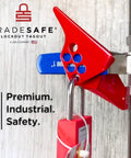 Red Ball Valve Lockout Device For 1/4 To 1 In Pipe Diameter, 6 LOTO Holes installed on metal pipe with padlock