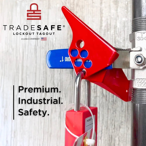 Red Ball Valve Lockout Device For 1/4 To 1 In Pipe Diameter, 6 LOTO Holes installed on metal pipe with padlock