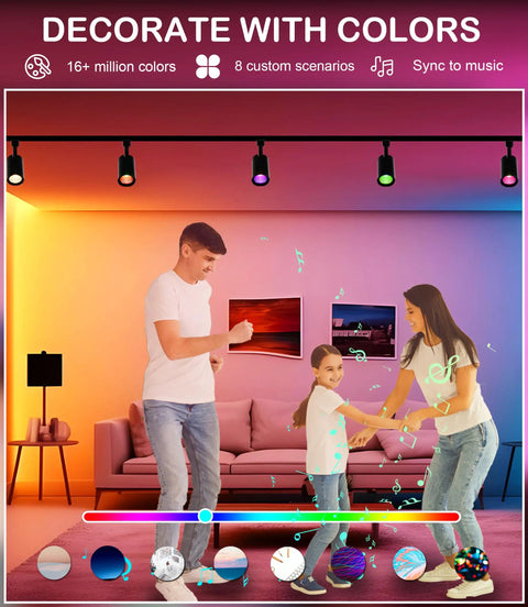Triple Pack 11W Smart WiFi LED Track Lighting Heads With RGBCW Color Changing in living room with family dancing