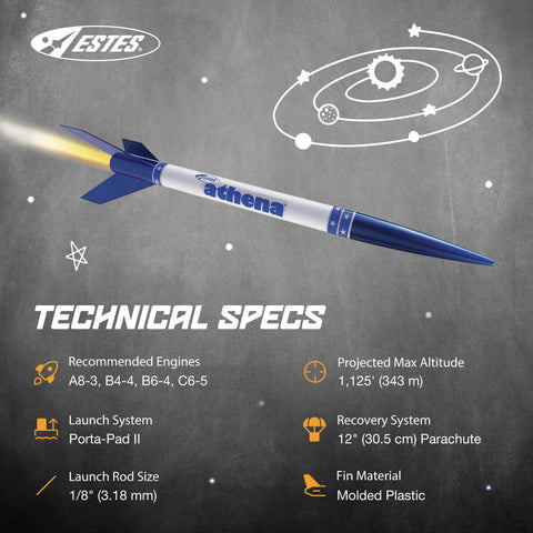 Athena Ready To Fly Beginner Model Rocket Kit Prebuilt Parachute Rocket with technical specs on space-themed background